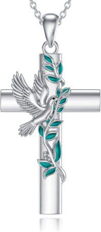 wholesale 925 Sterling Silver Cross with Dove and Turquoise Leaves Pendant Necklace-Dove