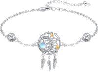 wholesale 925 Sterling Silver Moonstone Star Feather Charm Bracelet 8-14cm Jewellery Gifts for Women Girls-E1-Moonstone(gold stars)