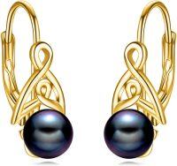 wholesale 925 Sterling Silver Black Pearl Celtic Knot Leverback Hoop Earrings for Women-04-yellow plated+black pearls