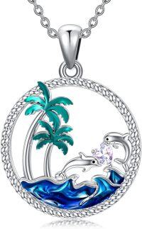 wholesale 925 Sterling Silver & Birthstone Dolphin Pendant Necklace with Palm Tree Ocean Wave, 20x20mm, 18+2 Adjustable Chain-06-Jun-Dolphin