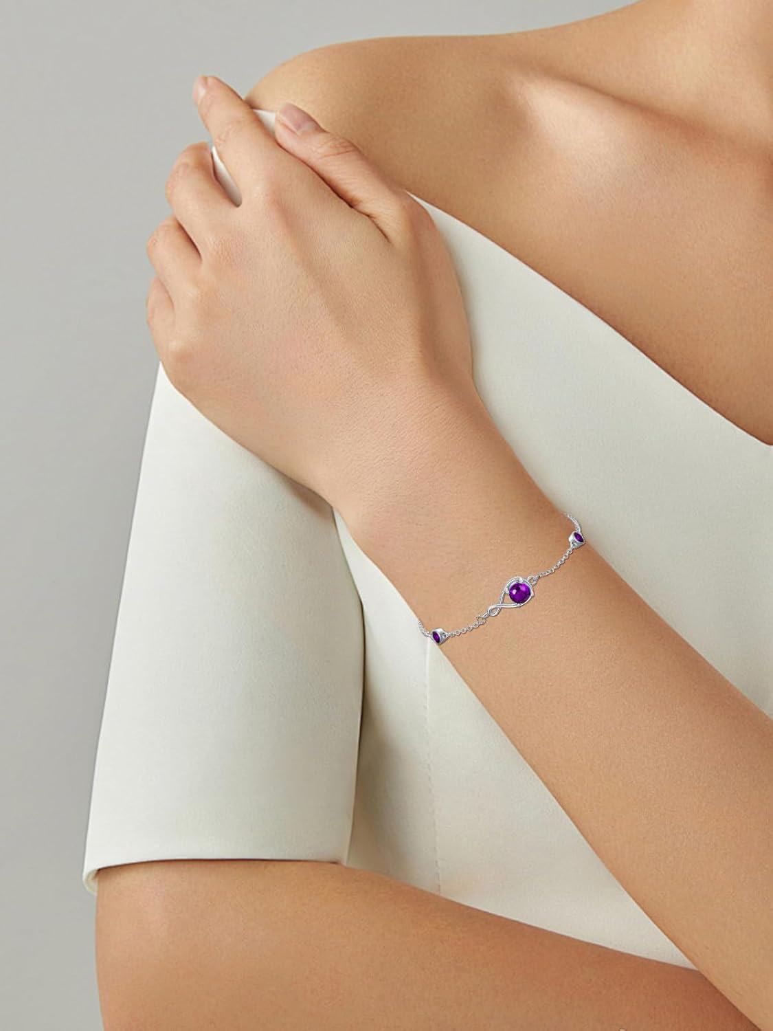  Sterling Silver Infinity Birthstone Link Bracelet for Women Adjustable 7 +2 Chain Gift -0-2