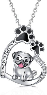 wholesale 925 Sterling Silver I Love You Forever Dog & Paw Print Heart Pendant Necklace-Pug