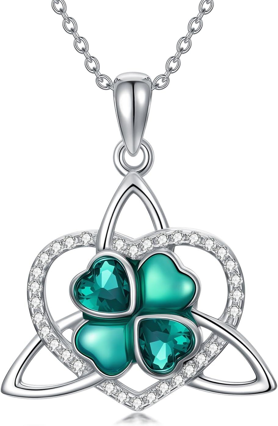 925 Sterling Silver Emerald Green Four-Leaf Clover & Celtic Tree Of Life Pendant Necklace-0-0
