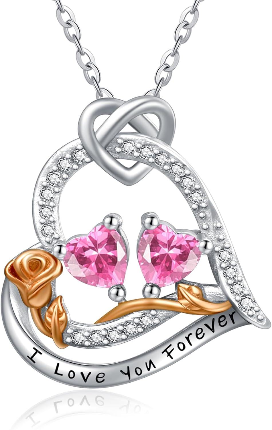  Sterling Silver 2 Birthstones Rose Heart Necklace for Women -10-10-Oct-Oct
