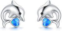 wholesale 925 Sterling Silver Blue Fire Opal Heart-Shaped Dolphin Stud Earrings for Women's Gift Ideas-Dolphin Earrings