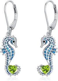 wholesale 925 Sterling Silver Birthstone Blue Seahorse Heart Drop Dangle Earrings for Women-August