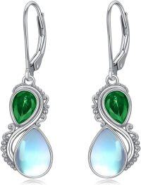 wholesale Sterling Silver Moonstone Valentine Vintage Dangle Teardrop Leverback Earrings w Birthstone Gifts for Her-Emerald Green