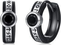 wholesale 925 Sterling Silver Norse Viking Runes Huggie Earrings with Black Onyx Gemstone - Gift for Him or Her-Black-5