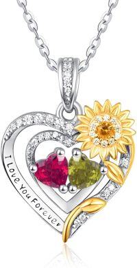 wholesale Sterling Silver 2 Birthstones Sunflower Heart Necklace for Women-07-08-Jul-Aug