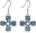 wholesale 925 Sterling Silver Blue Abalone Shell Celtic Knot Cross Dangle Earrings for Men & Women-0-0
