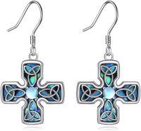wholesale 925 Sterling Silver Blue Abalone Shell Celtic Knot Cross Dangle Earrings for Men & Women-Abalone Cross