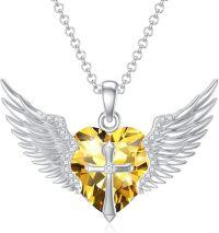 wholesale Sterling Silver Gold Angel Wings Necklace with Cross Birthstone Valentine s Gift-11-Nov-Cltrine White Gold