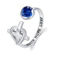 wholesale 925 Sterling Silver Red Crystal Rings Wholesale Faith Hope Love Adjustable Open Band-02-Dark Blue