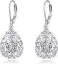 wholesale 925 Sterling Silver Rose Flower Teardrop Leverback Drop Earrings for Women Girls  4cm Long-0-0