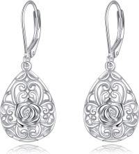 wholesale 925 Sterling Silver Rose Flower Teardrop Leverback Drop Earrings for Women Girls  4cm Long-Filigree Rose