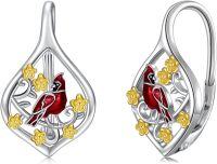 wholesale 925 Sterling Silver Hypoallergenic Red Bird and Yellow Flowers Teardrop Dangle Earrings-Red Cardinal