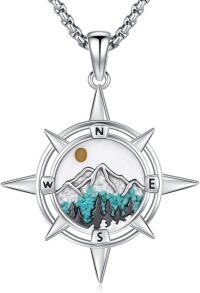 wholesale 925 Sterling Silver Compass Pendant with Turquoise Stone and Mountain Design - Nature-Inspired Jewelry for Women & Men -A-MOUNTAIN-Not Urn