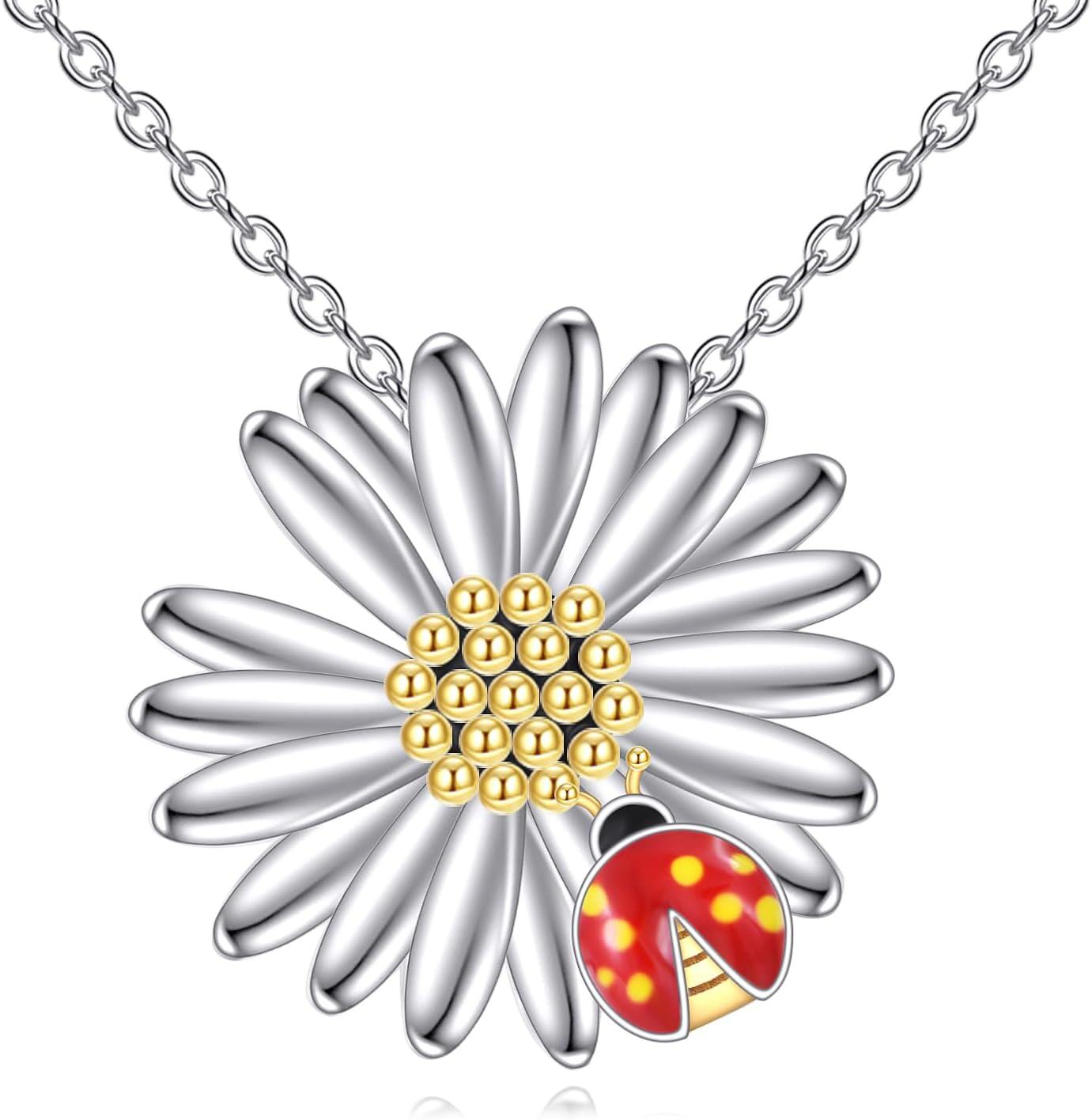 Sterling Silver Ladybug Necklace with Stone for Women Mother Daughter Gifts-Daisy
