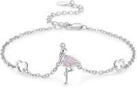 wholesale 925 Sterling Silver Pink Crystal Flamingo Charm Bracelet w/Adjustable Chain - 7+2 Length-White Gold
