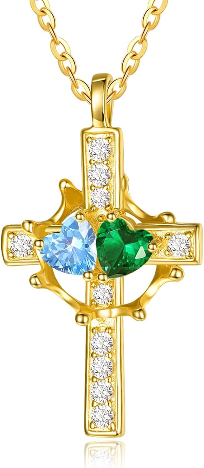 Sterling Silver Birthstones Gold Cross Necklace for Women -03-05-Mar-May-03-05-Mar-May