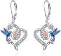 wholesale 925 Sterling Silver Hummingbird Heart Shape Drop Earrings with Cubic Zirconia and Enamel Accents for Women-0-0