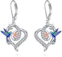 wholesale 925 Sterling Silver Hummingbird Heart Shape Drop Earrings with Cubic Zirconia and Enamel Accents for Women-A-Hummingbird