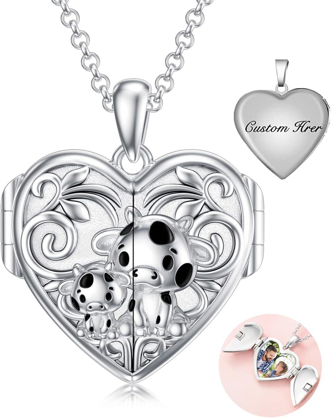 Sterling Silver Abalone Shell Daughter Locket Necklace Gift from Mom Dad-09-Cow Locket+ Photo+Text-09-Cow Locket+ Photo-09-Cow Locket