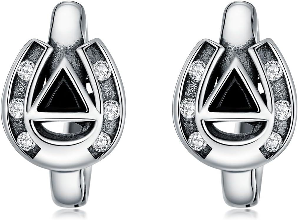 Sterling Silver Horseshoe Flower of Life Kokopelli Tree of Life Huggie Hoop Earrings-Horseshoe