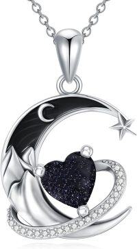 wholesale  Sterling Silver Birthstone Moon Star Heart Pendant Necklace -13-Blue sandstone