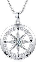 wholesale 925 Sterling Silver Round Compass Pendant Necklace with Cubic Zirconia and Inspirational Message Never Lose Your Way - Graduation Gift for Her Him-0-0