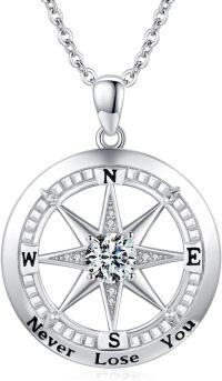 wholesale 925 Sterling Silver Round Compass Pendant Necklace with Cubic Zirconia and Inspirational Message Never Lose Your Way - Graduation Gift for Her Him-white zircon