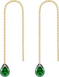 wholesale 14K Solid Gold Birthstone Threader Earrings for Women Dangle Drop Jewelry Gifts-05-May-Simulated Emerald