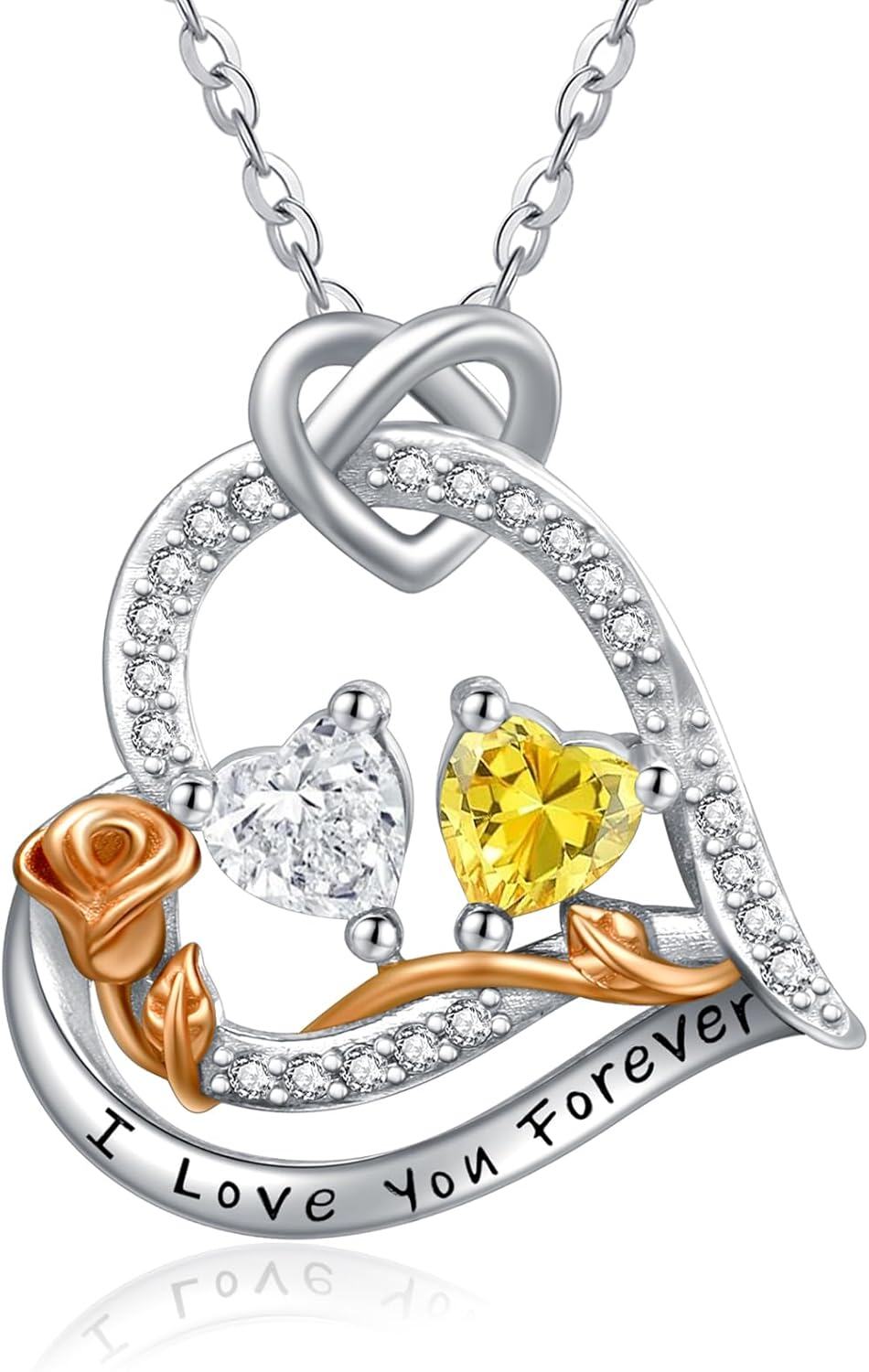  Sterling Silver 2 Birthstones Rose Heart Necklace for Women -04-11-Apr-Nov