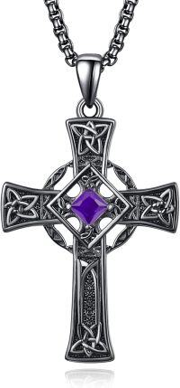 wholesale Sterling Silver Garnet Celtic Cross Necklace for Men 22 +2 Chain-Black-February