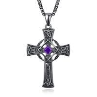 wholesale 925 Sterling Silver Garnet Celtic Cross Necklace for Men 22 +2 Chain-Black-February