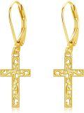 wholesale 14K Gold Cross Drop Earrings - Hooks Elegant Religious Gift for Her-0-0