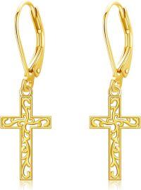 wholesale 14K Gold Cross Drop Earrings - Hooks Elegant Religious Gift for Her-E-Cross