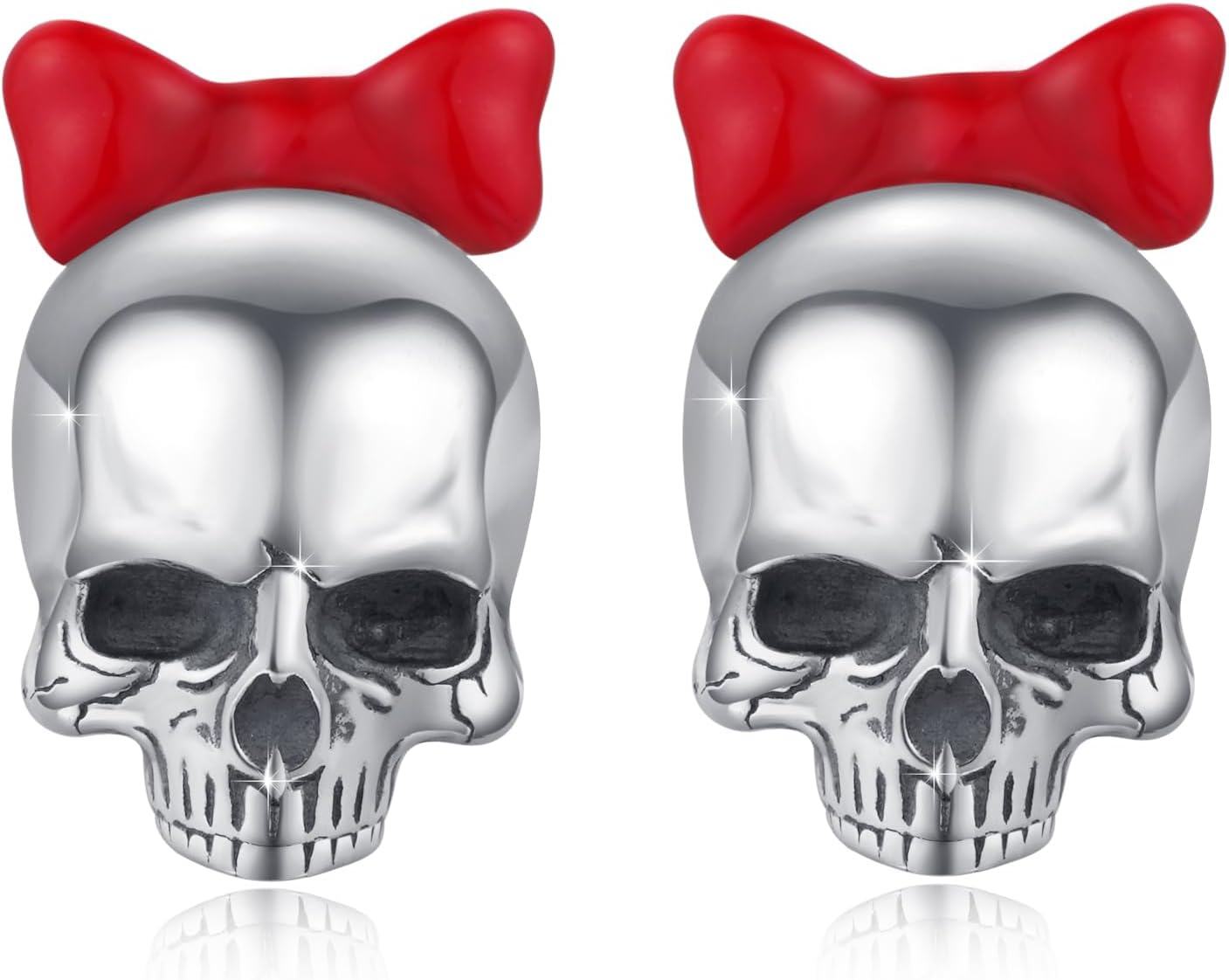 wholesale 925 Sterling Silver Metal Studs with Red Bow and Green Stones - Gothic Punk Style Earrings for Women-0-0