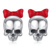 wholesale 925 Sterling Silver Skull Stud Earrings Wholesale With Red Bow-Red Bow