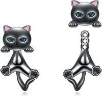 wholesale Sterling Silver Animal Stud Earrings Cute Axolotl Cow Pig Koala Frog Bulldog Panda Highland Cow Bee Cat for Women Christmas Birthday-01-Adjustable Black Cat