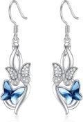 wholesale 925 Sterling Silver Blue Crystal Butterfly Drop Earrings-0-0