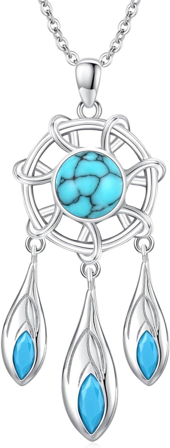 wholesale 925 Sterling Silver Turquoise Dreamcatcher Pendant Necklace with Feathers Bohemian s for Her-0-0
