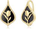 wholesale 925 Sterling Silver Gold Plated Black Onyx Tulip Leverback Earrings Floral  for Women-0-0