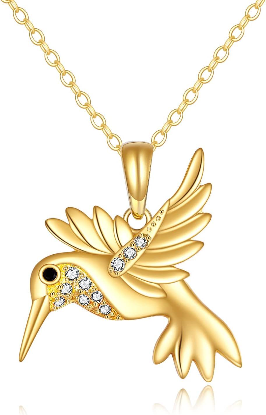14K Gold Hummingbird Pendant Necklace with Cubic Zirconia and 18 Link Chain-0-0