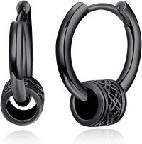 wholesale 925 Sterling Silver Viking Rune Black Huggie Hoop Earrings for Men & Women-Black