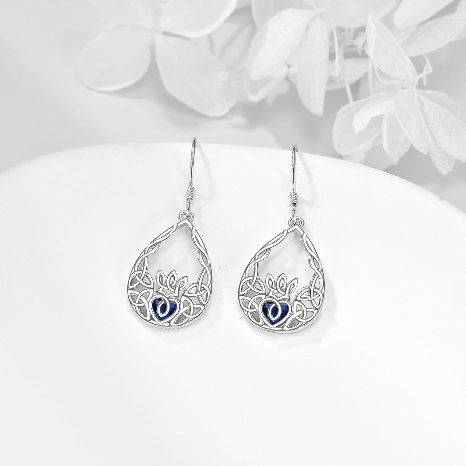925 Sterling Silver Celtic Knot Heart Drop Earrings with Blue Crystal Stone Gift for Her-0-2