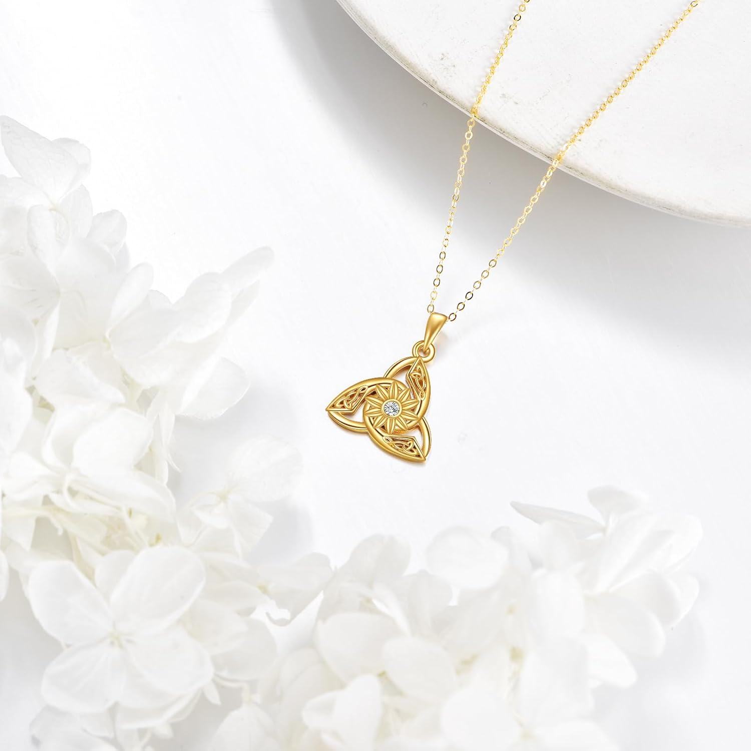 wholesale 14K Gold Diamond Triquetra Trinity Knot Pendant Necklaces for Women s-0-5