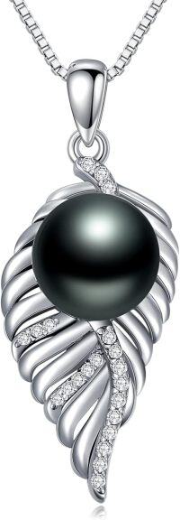 wholesale 925 Sterling Silver Black Pearl Pendant Necklace with Infinity Leaf Design and Cubic Zirconia Accents - Valentines Day & Mothers Day Gifts for Her-A2-Style 2