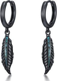 wholesale 925 Sterling Silver Black Feather Drop Earrings with Turquoise and Malachite Accents-Feather-Turquoise