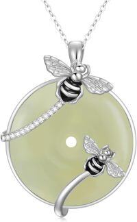wholesale 925 Sterling Silver Green Jade Honeybee Pendant Necklace - Mother's Day Gifts for Her-Bee-White Gold